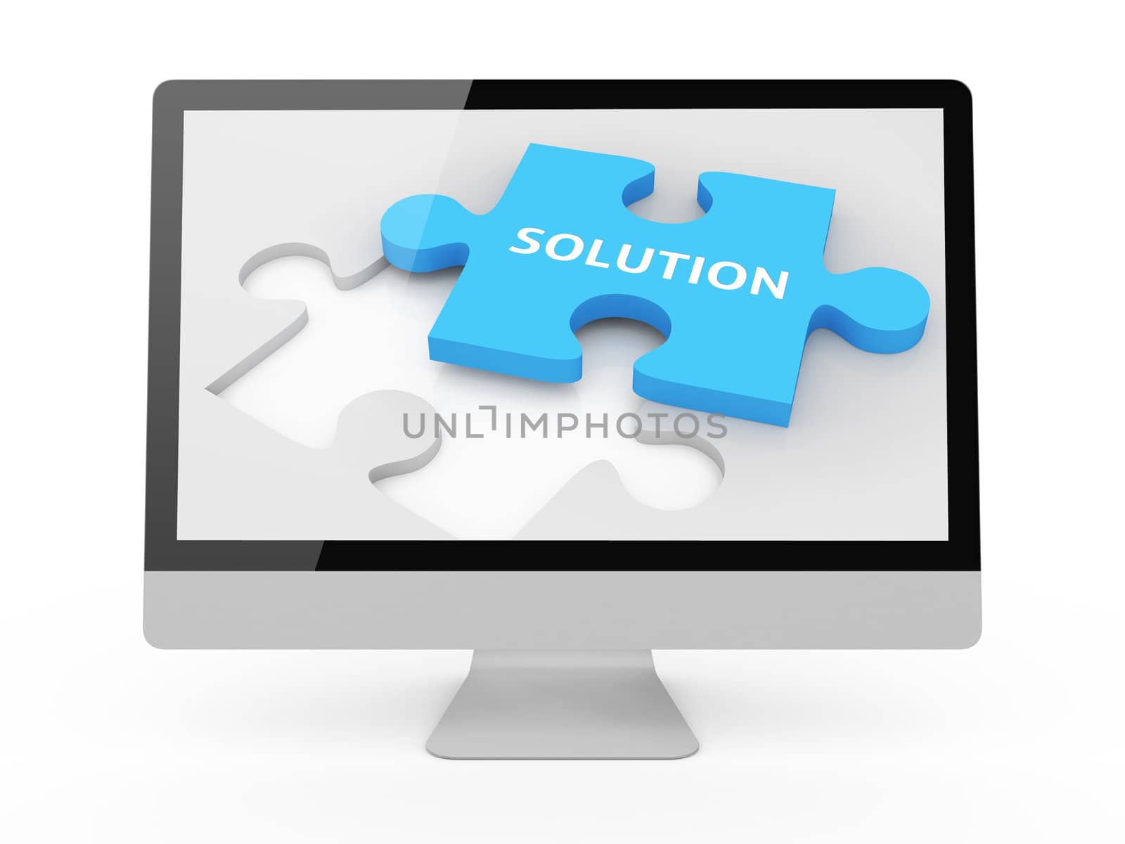 Concept of puzzle solution on screen, isolated on white.