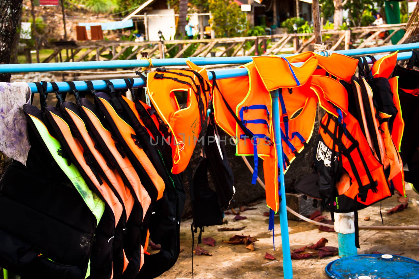 Many life jackets.  Were hung in the rack.