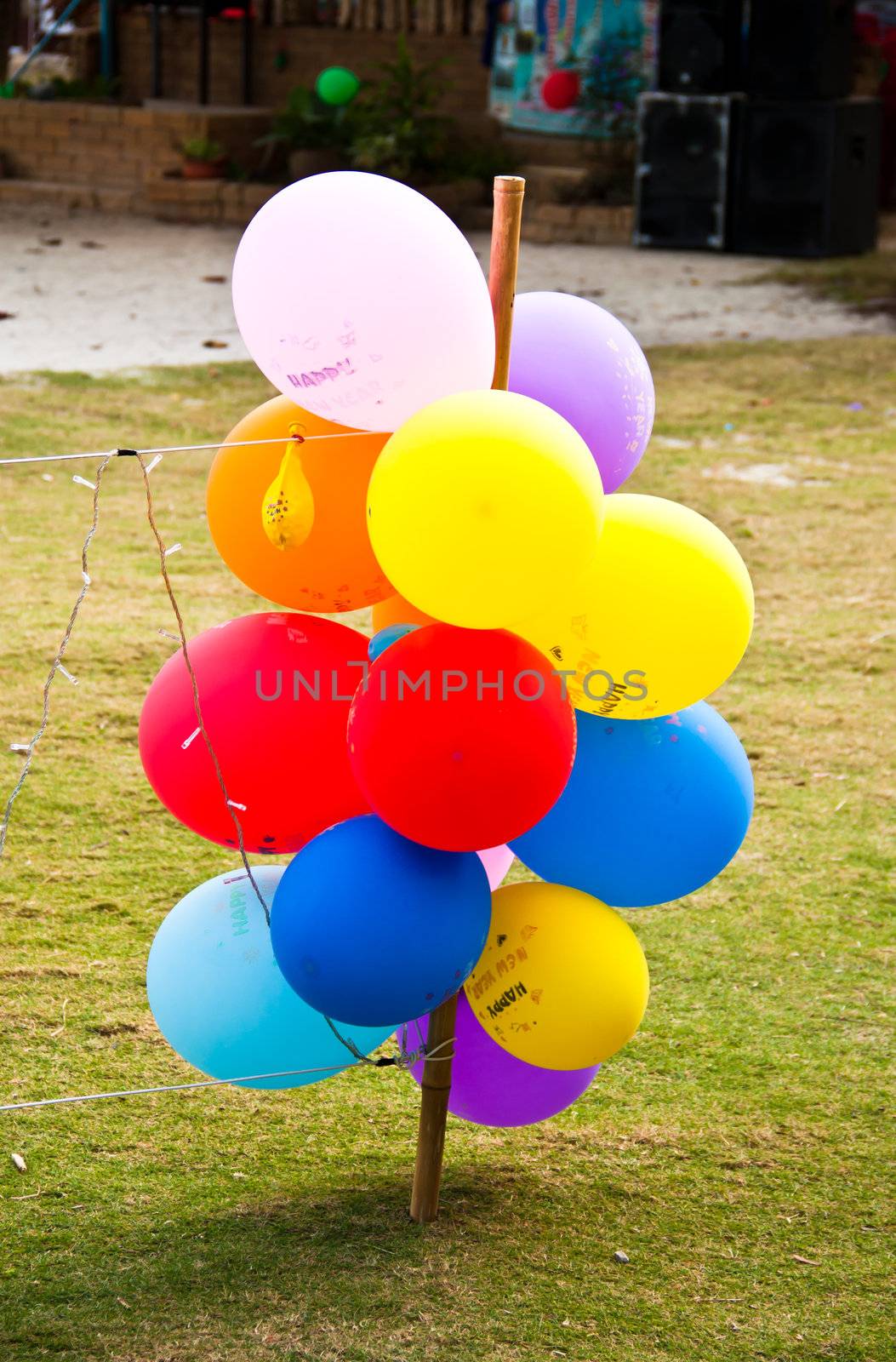 Multi-colored balloons embroidered on the ground.