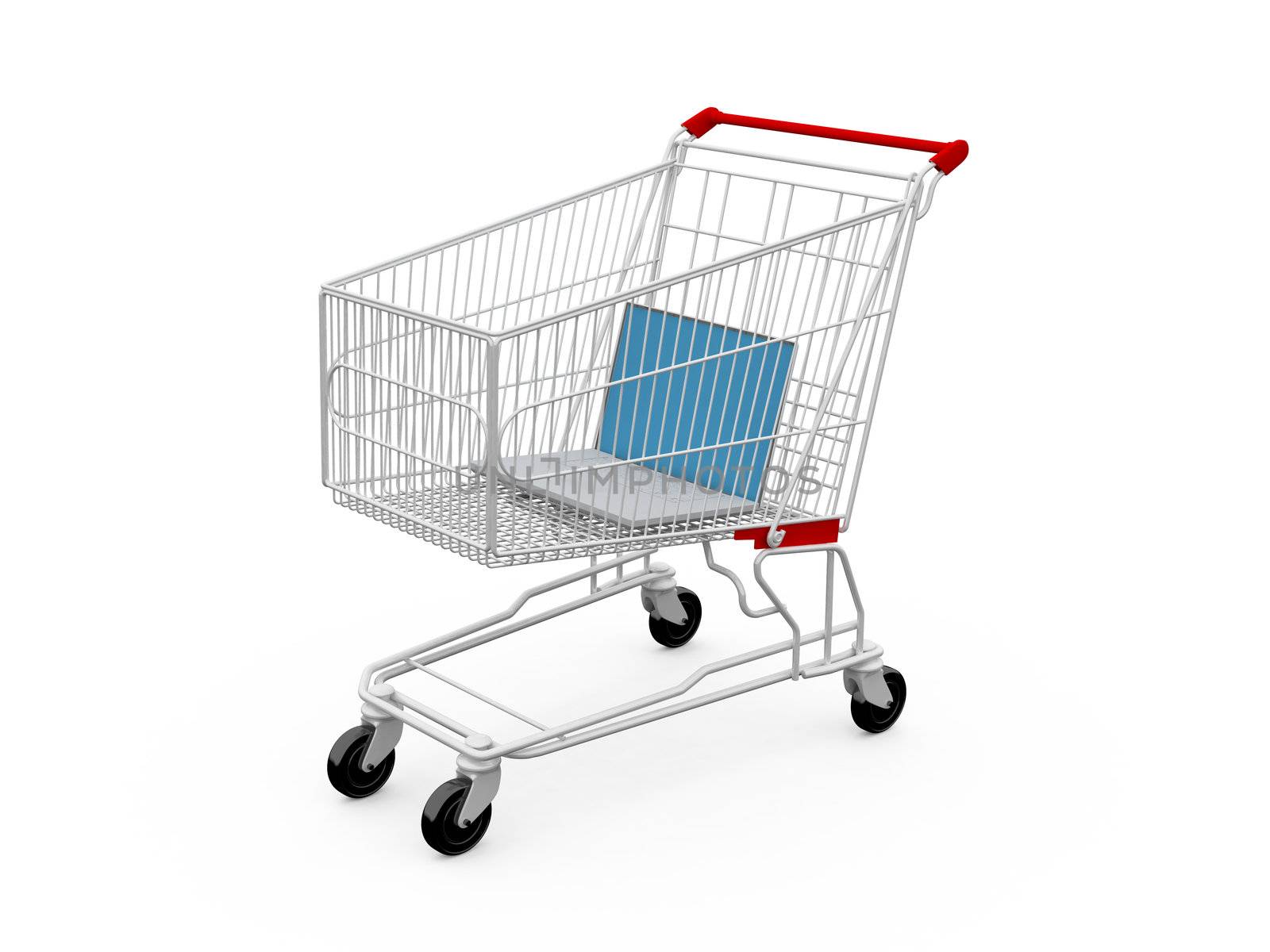 Shopping cart containing a laptop, isolated on white.
