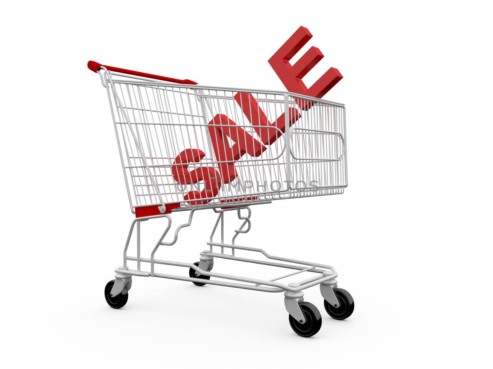 Shopping cart with sale text, isolated on white.