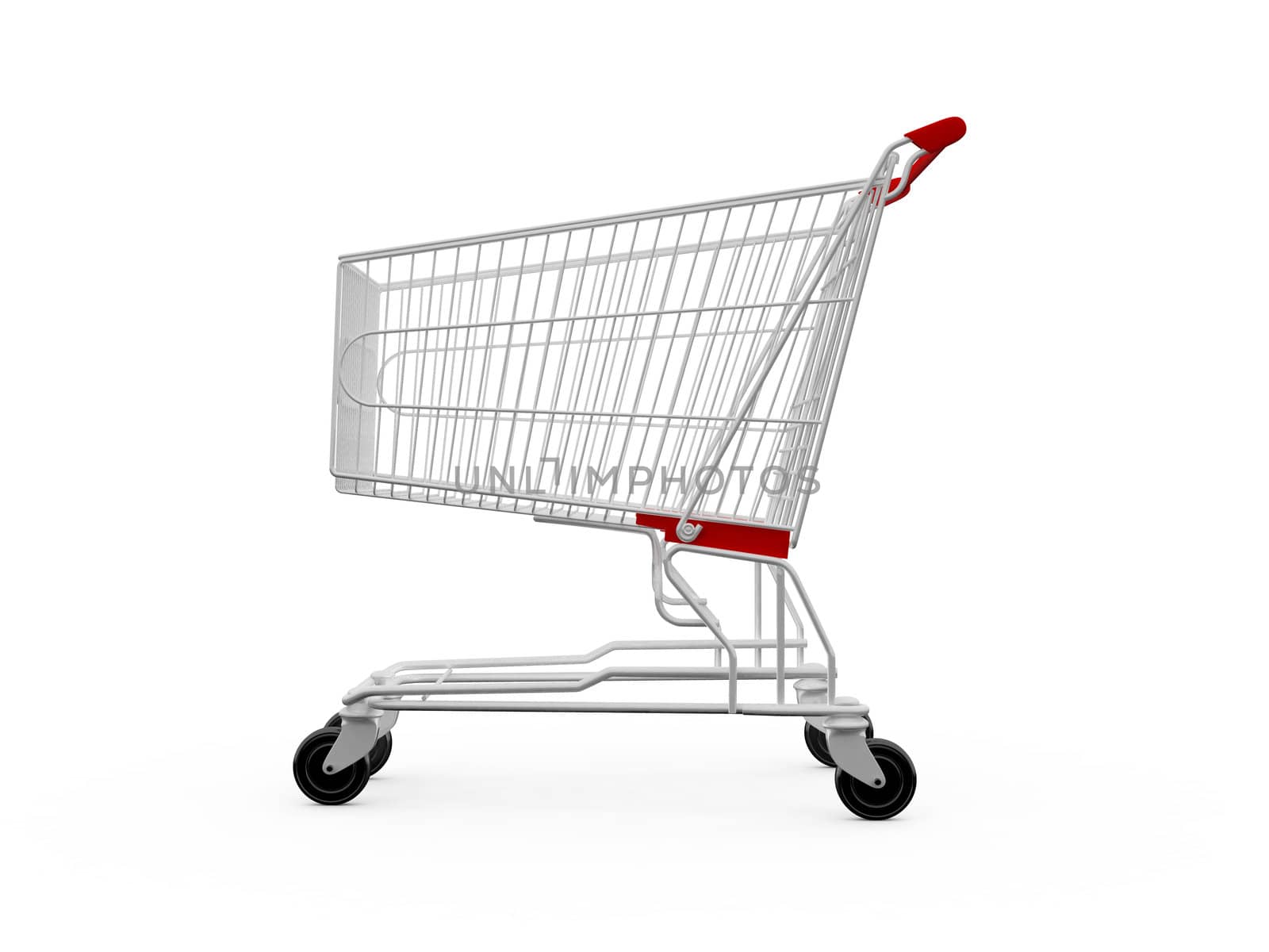 Empty shopping cart viewed from side, isolated on white.