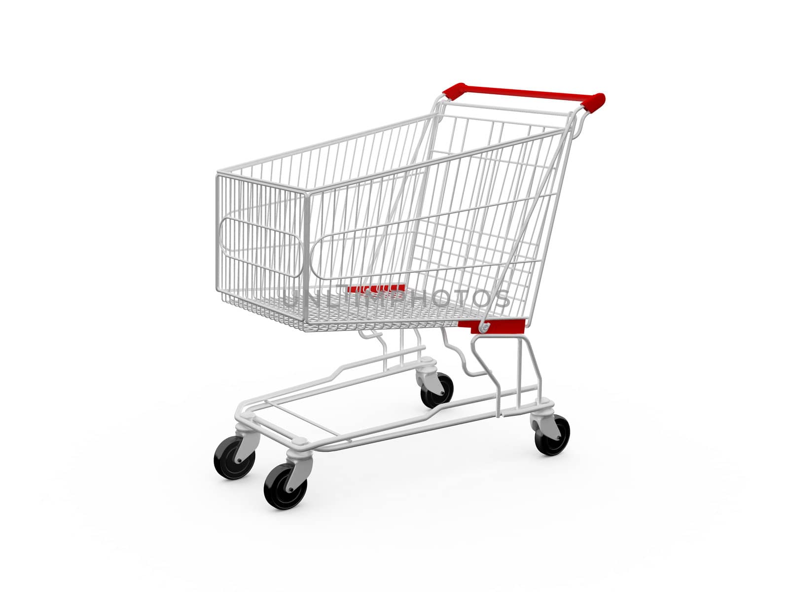 Empty shopping cart viewed from side, isolated on white.