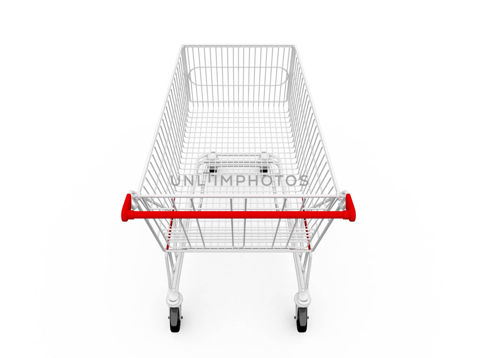 Empty shopping cart, back view, isolated on white.