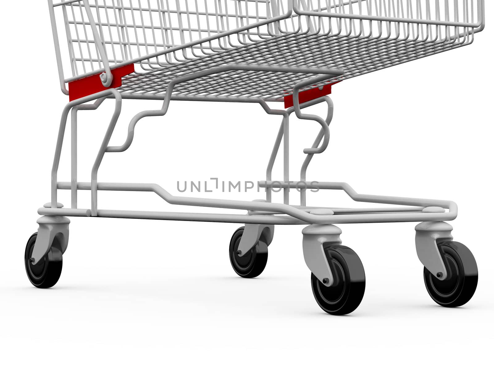 Empty shopping cart with black wheel, isolated on white.