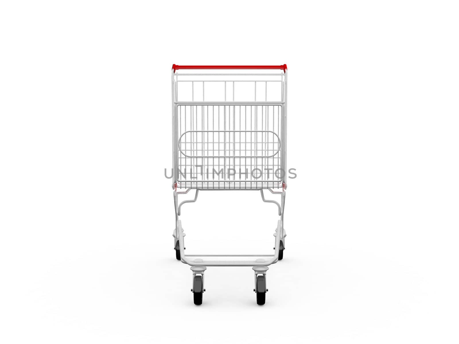 Empty shopping cart viewed from front, isolated on white.