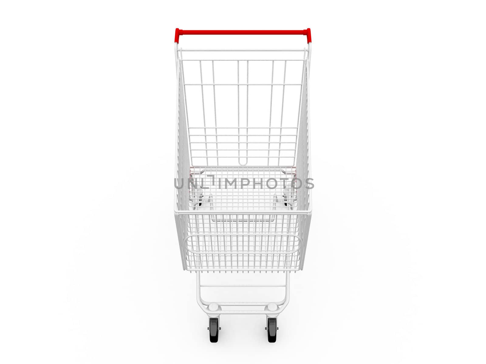 Empty shopping cart, front view, isolated on white.