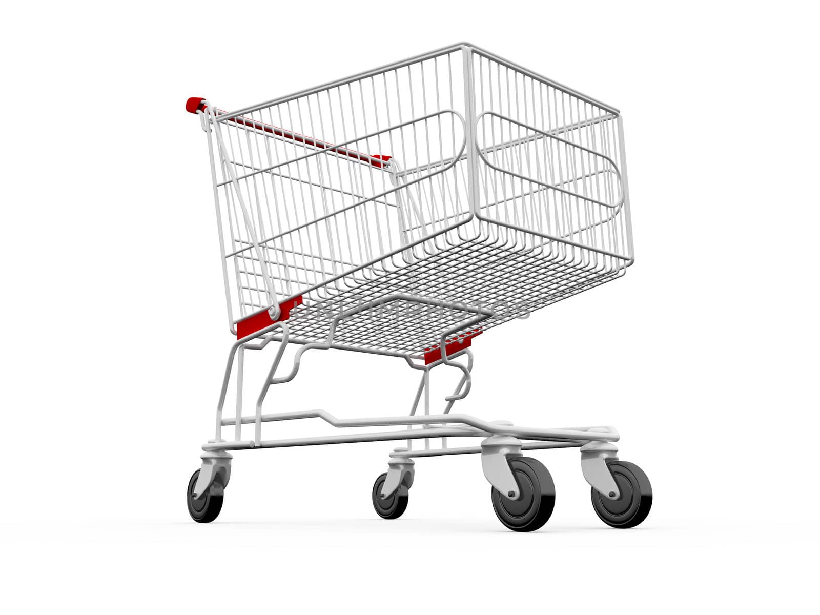 Empty shopping cart with black wheel, isolated on white.