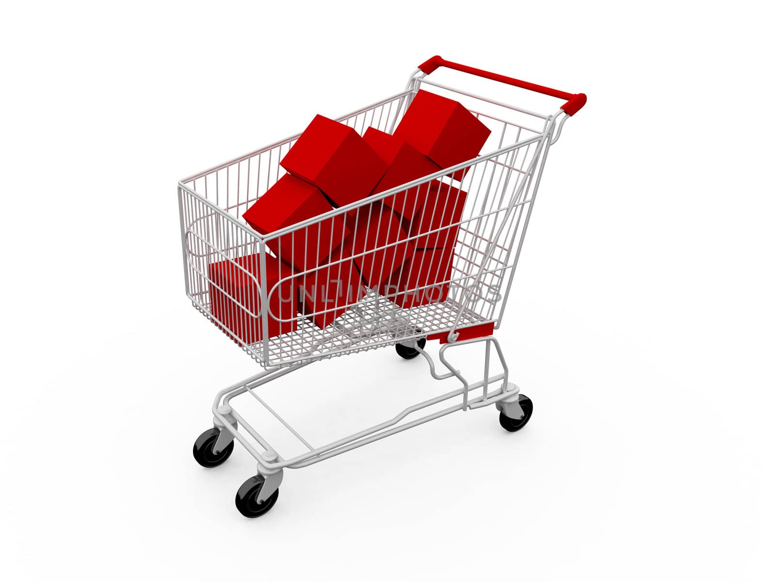 Shopping cart with red boxes, isolated on white.