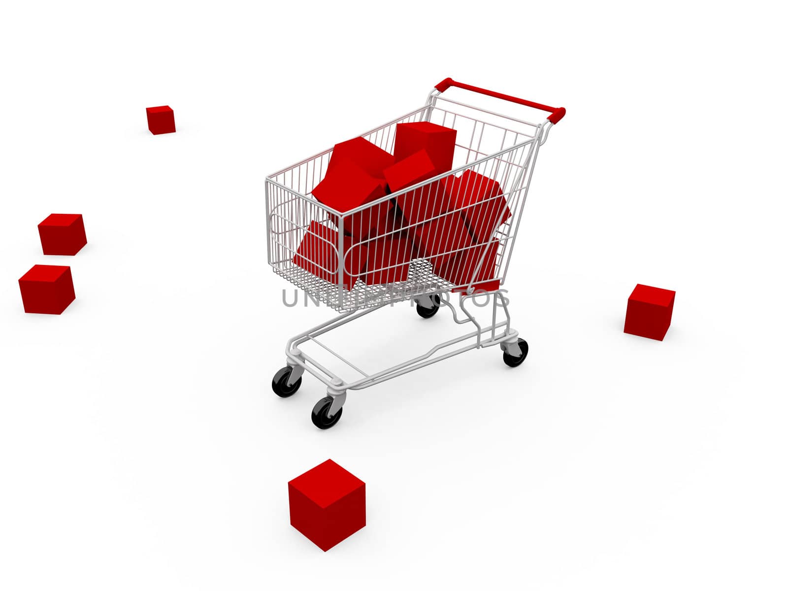 Shopping cart with red boxes, isolated on white.