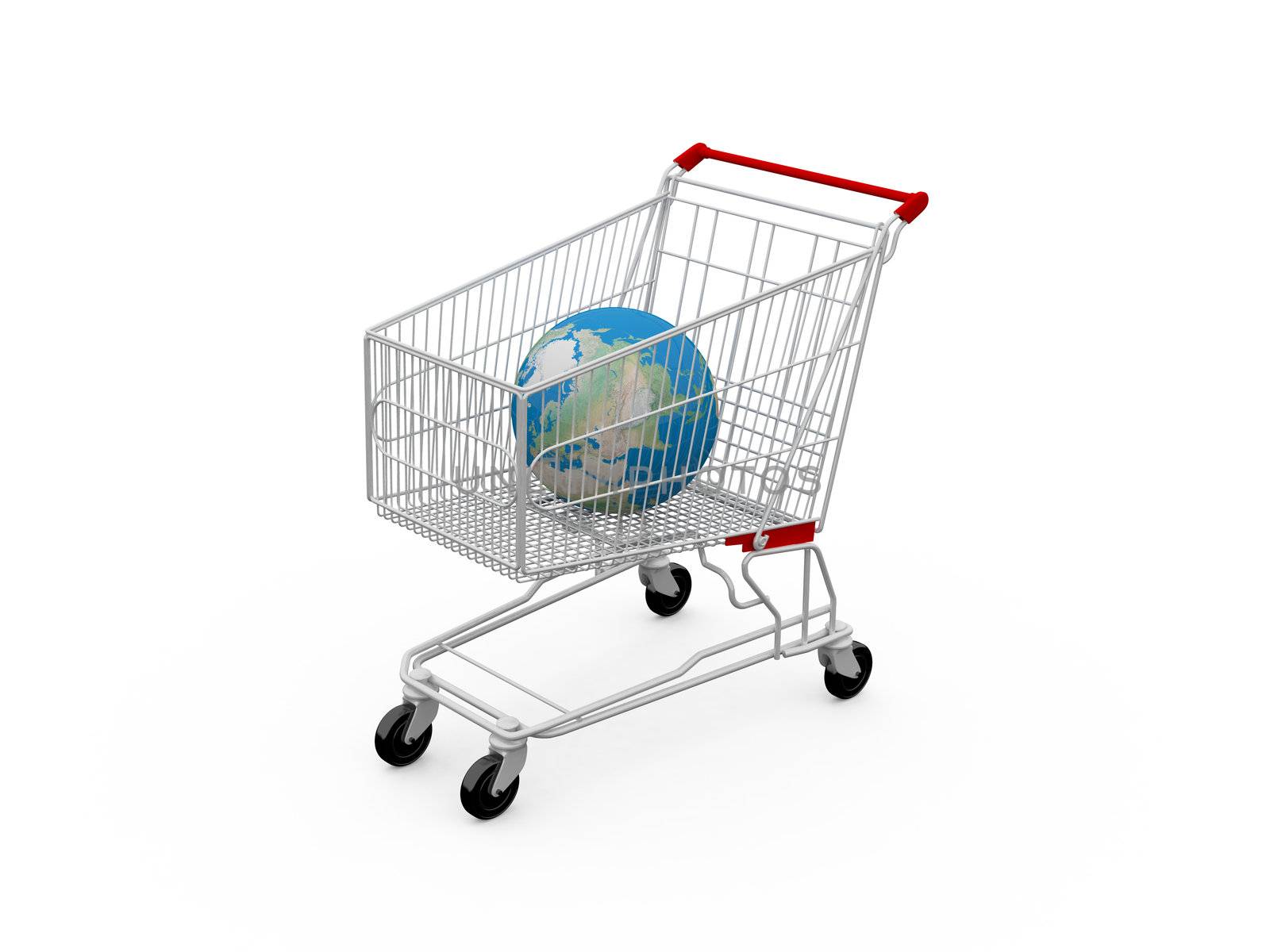 Shopping cart containing a globe, isolated on white.