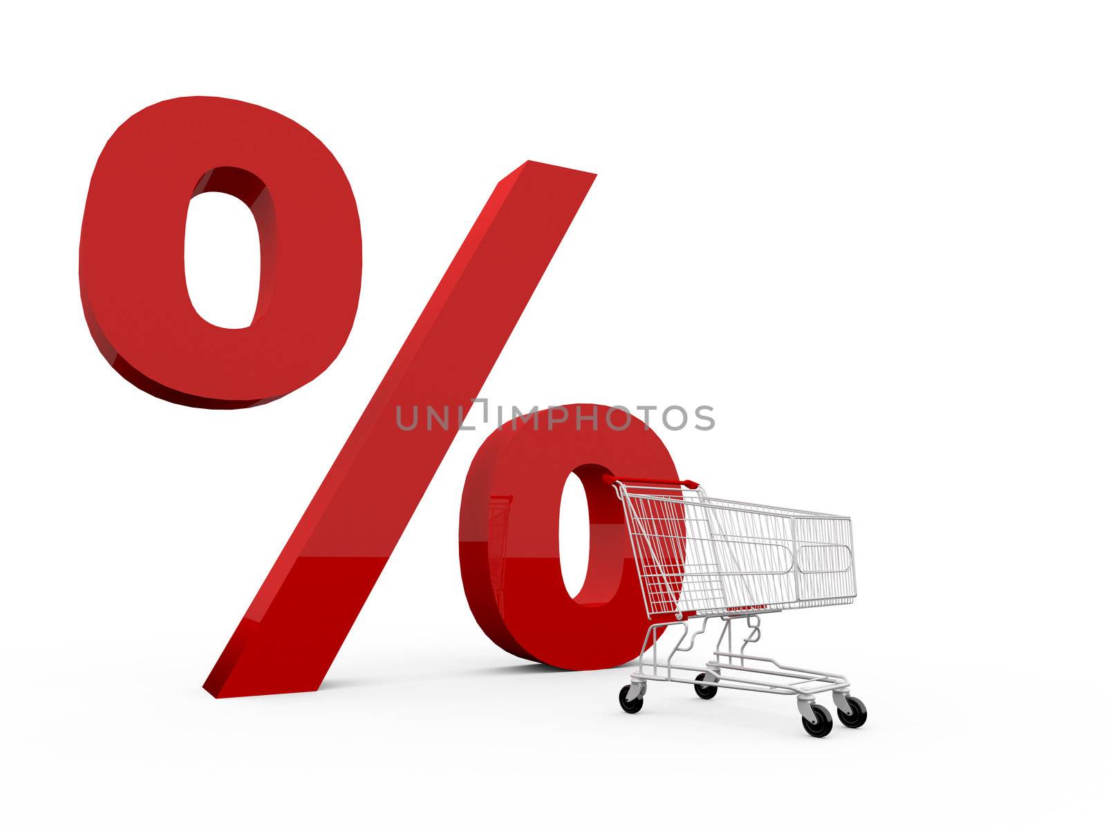 Shopping cart with large percentage symbol, discount concept, isolated on white.