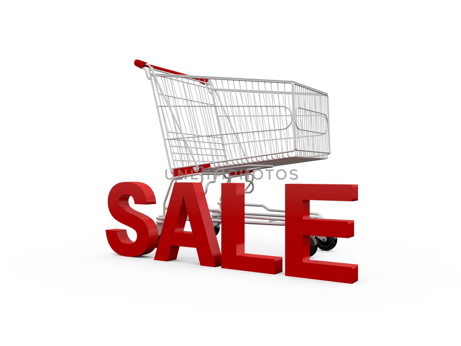 Shopping cart with sale text, isolated on white.