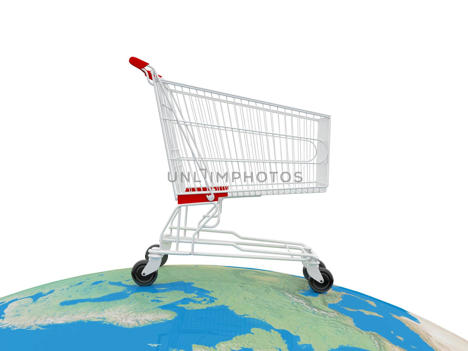 Shopping cart over the world, global market concept, isolated on white.