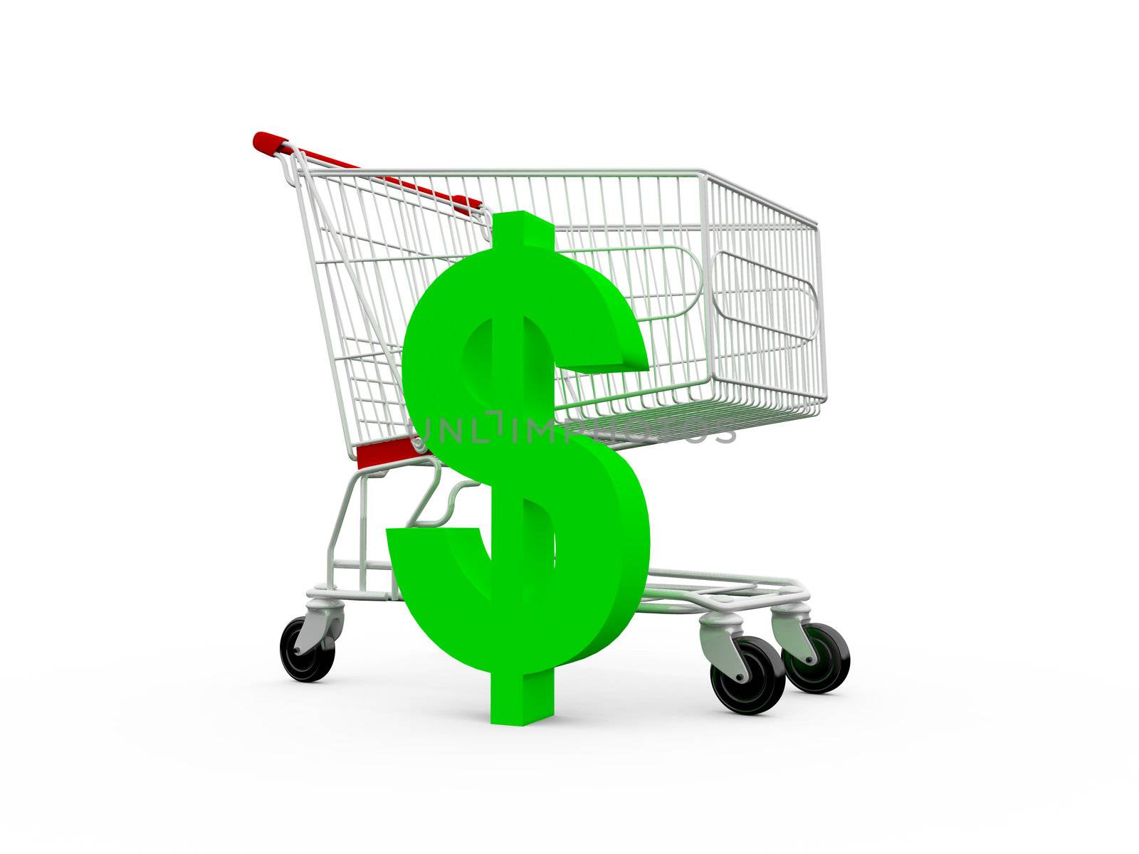 Green dollar symbol in shopping cart, isolated on white.