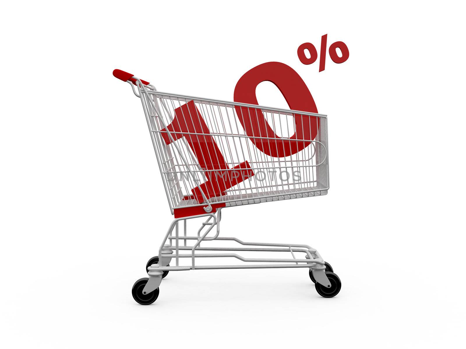 Shopping cart with 10% discount, isolated on white.