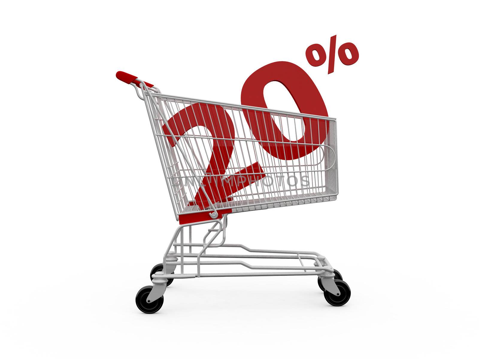 Shopping cart with 20% discount, isolated on white.