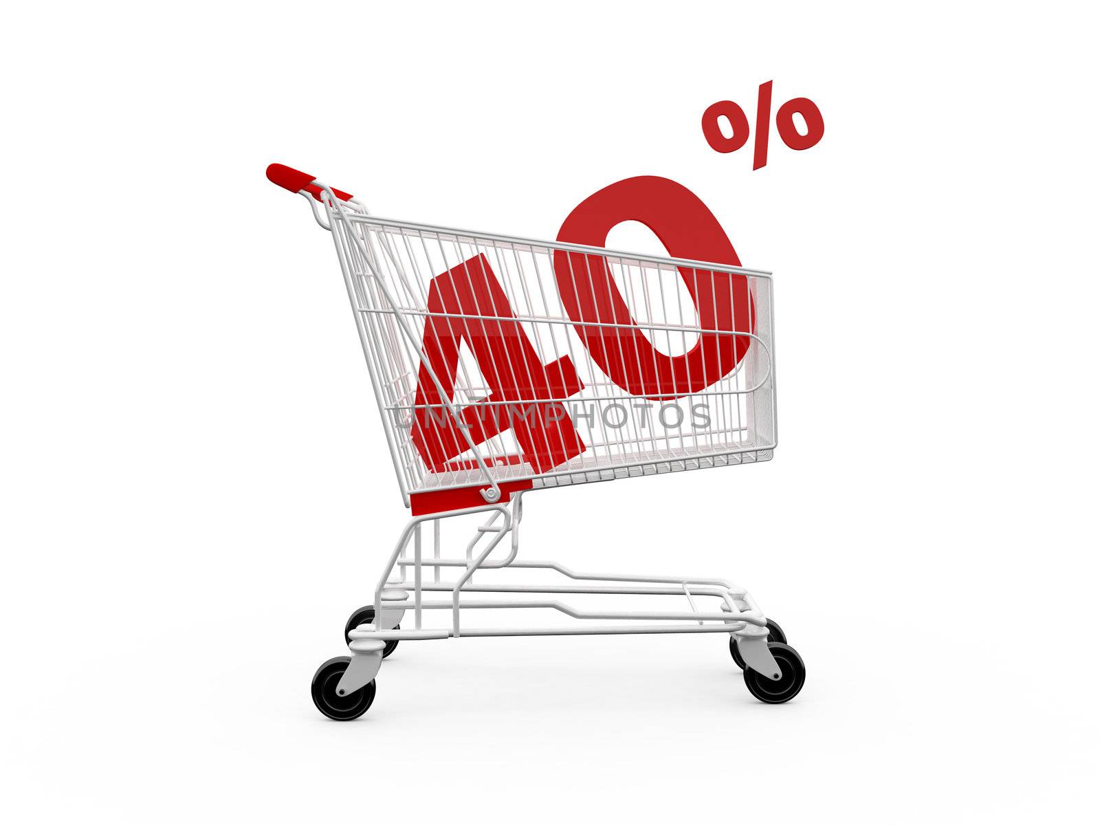 Shopping cart with 40% discount, isolated on white.