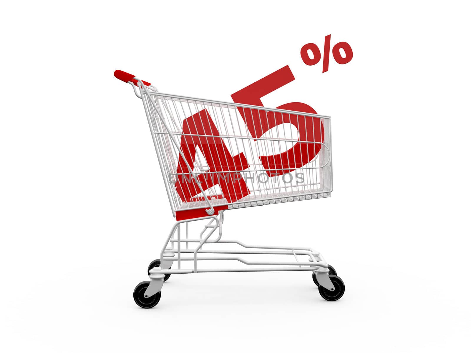 Shopping cart with 45% discount, isolated on white.