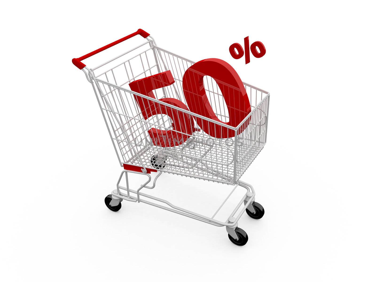 Shopping cart with 50% discount, isolated on white.
