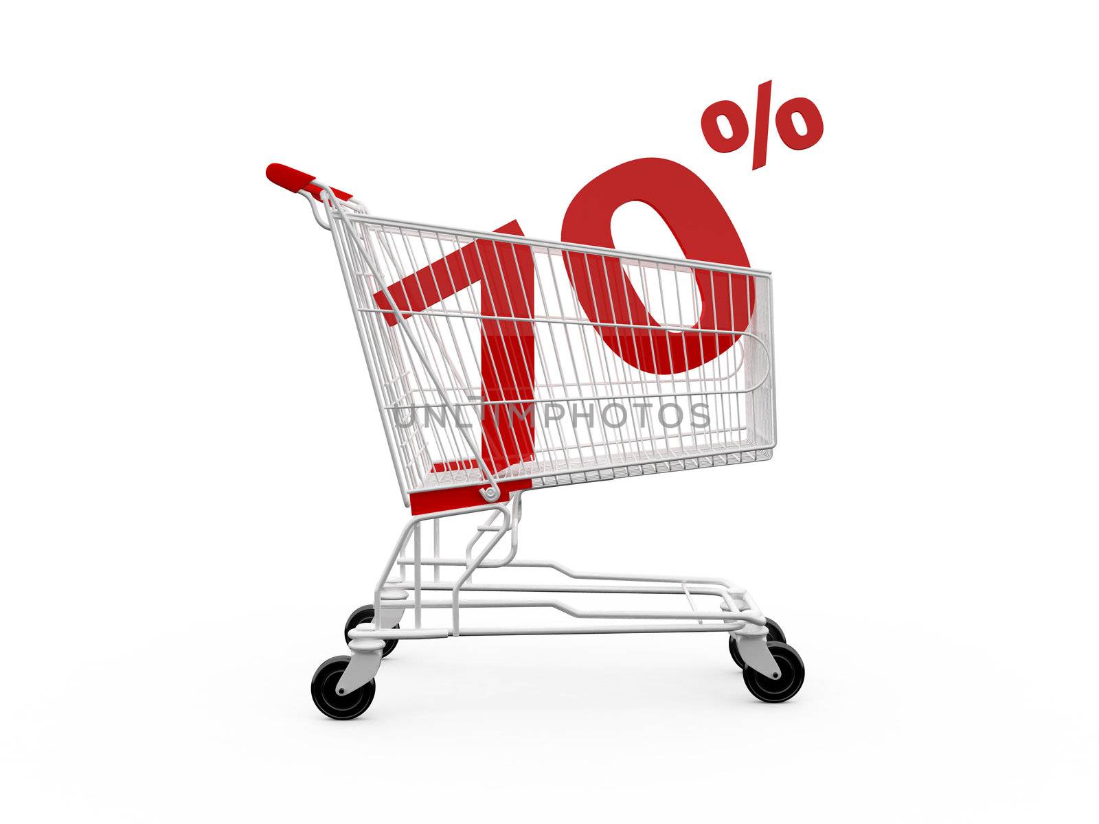 Shopping cart with 70% discount, isolated on white.