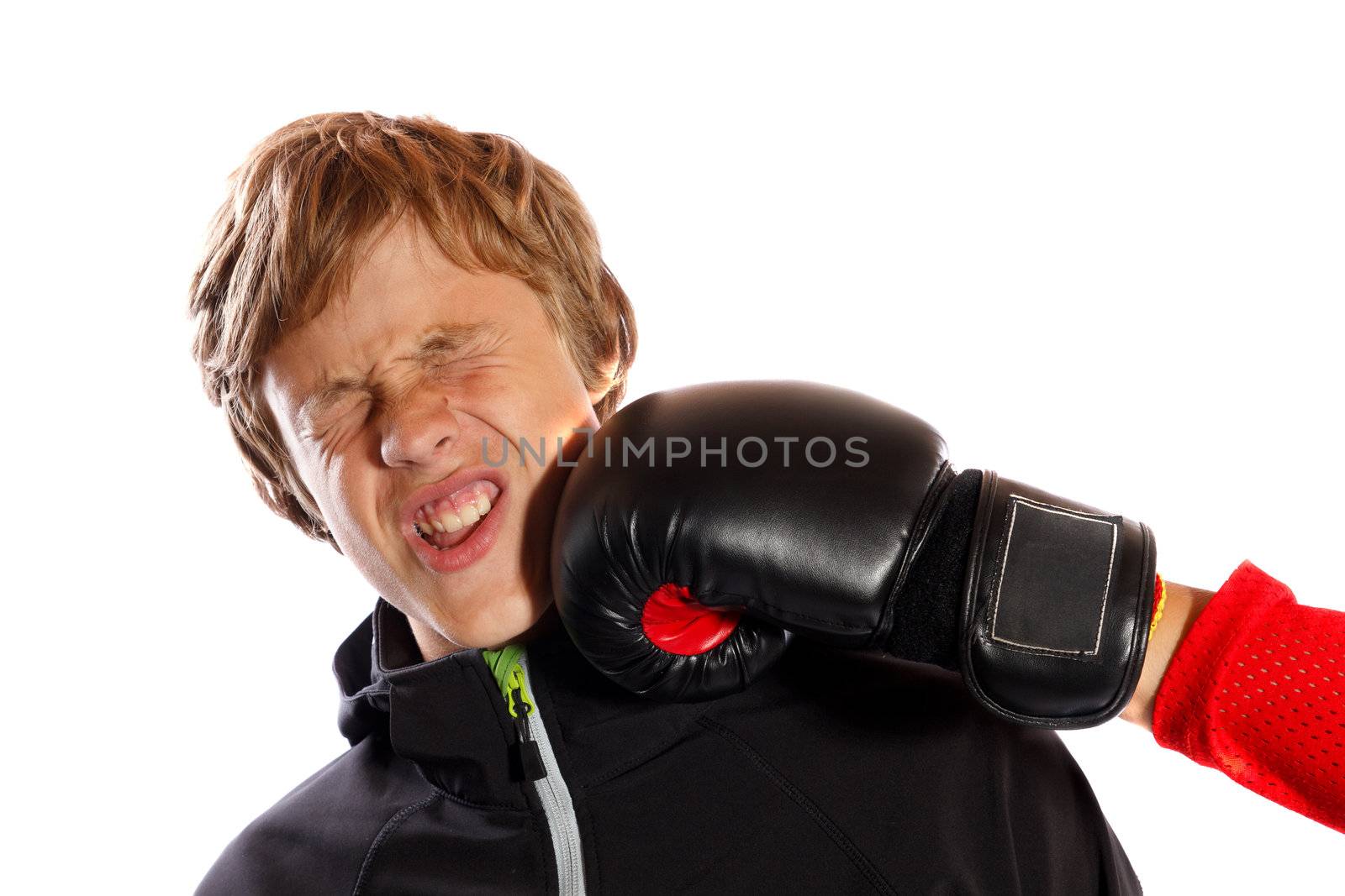 boxing glove hit the boy's face