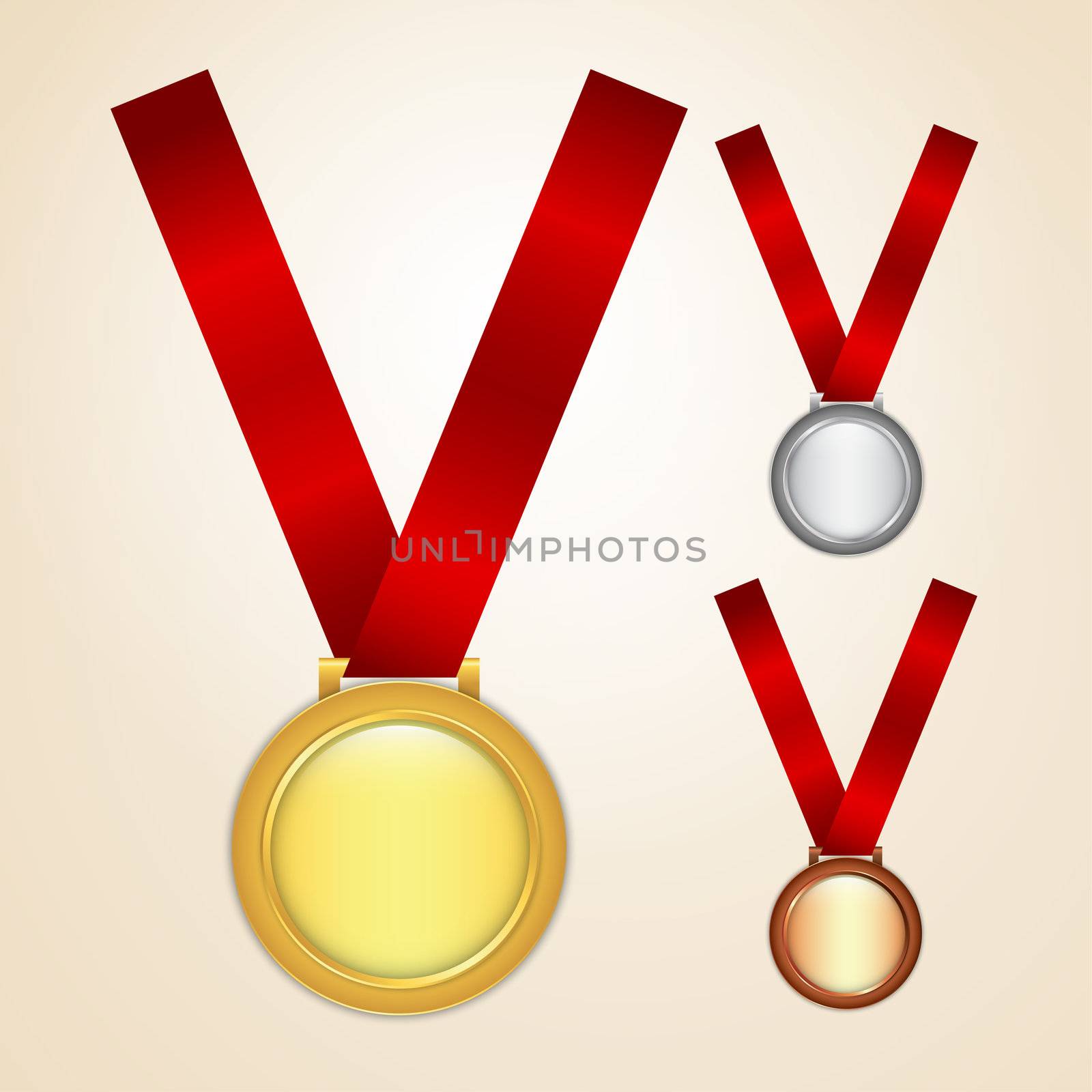 Set of golden, silver and bronze medals