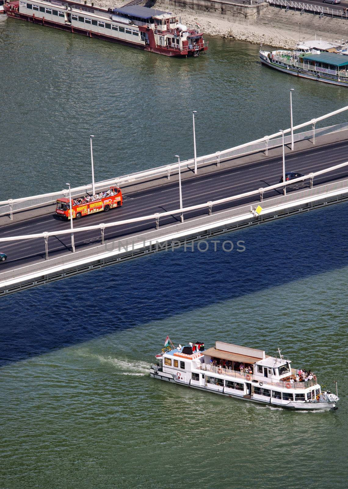 tourism on Danube, Budapest with touristic bus and boat