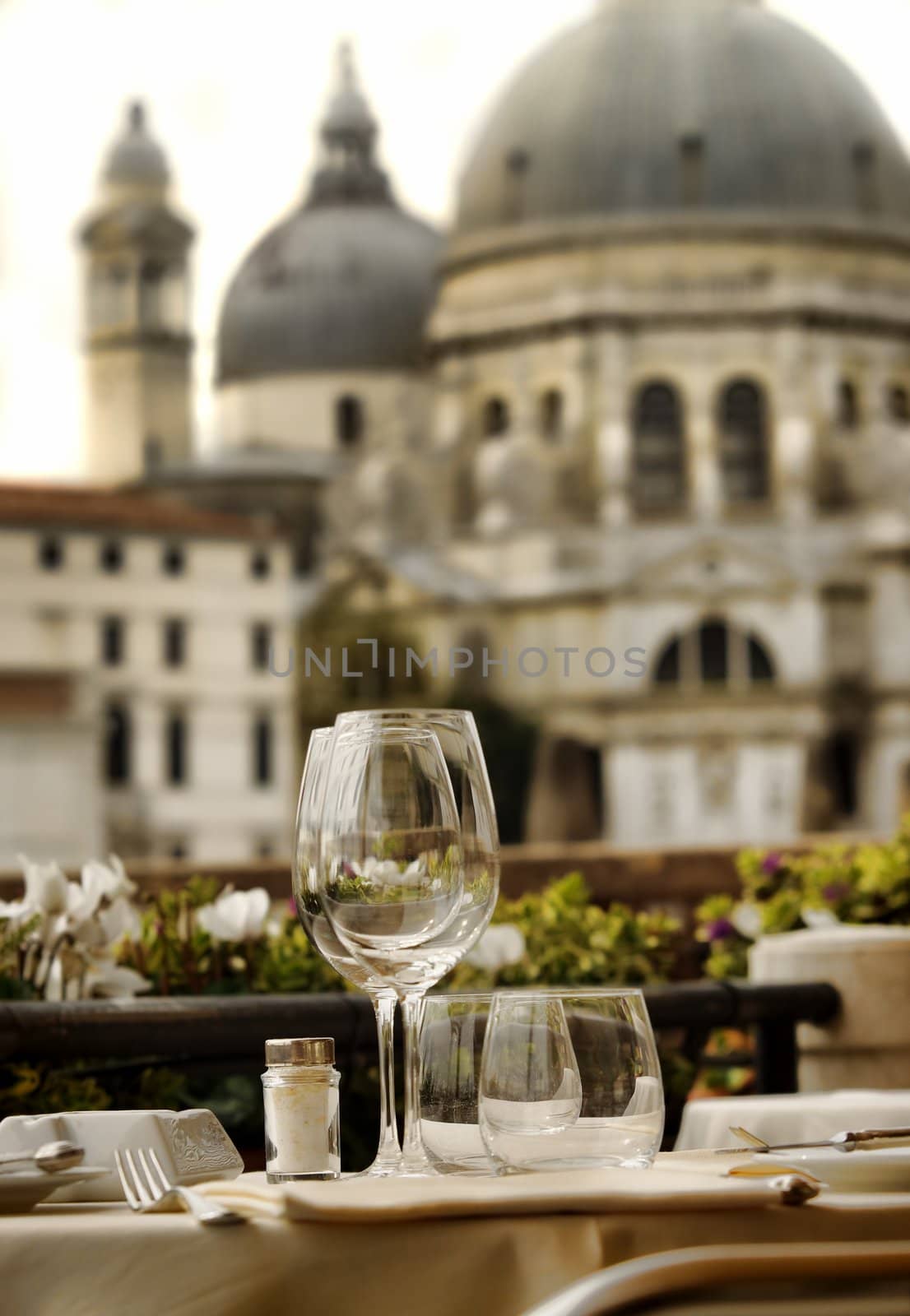 closeup of empty wine glasses in Venice, Italy