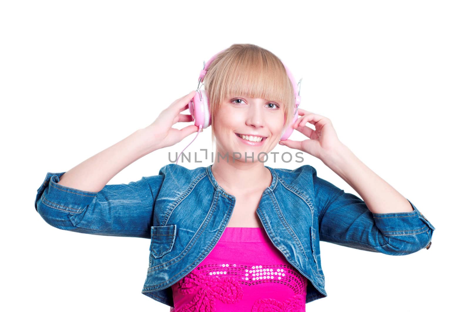 portrait of a beautiful woman listening to music with headphones, isolated on white background