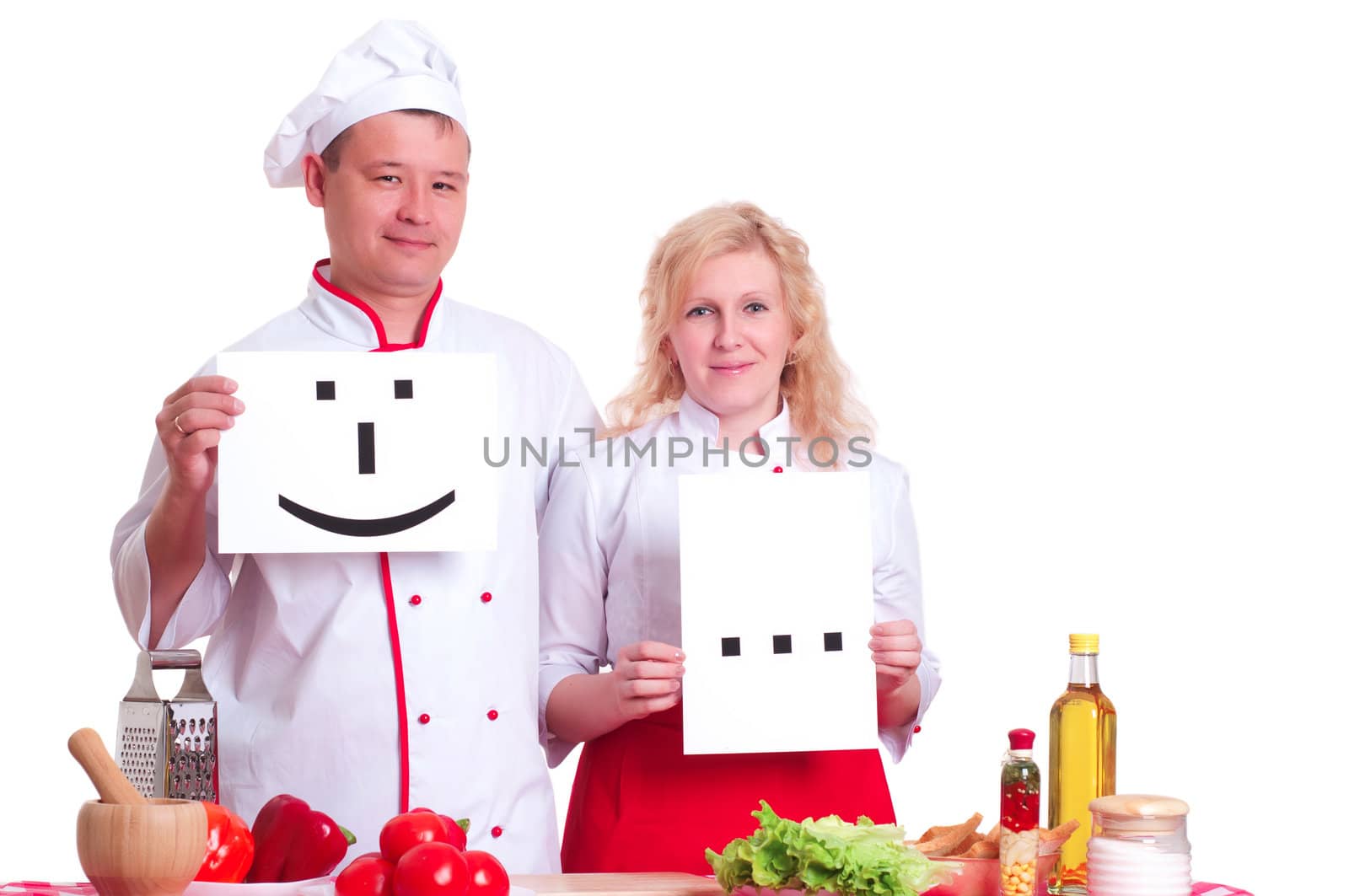 male and female chef holding signs smiles and ellipsis