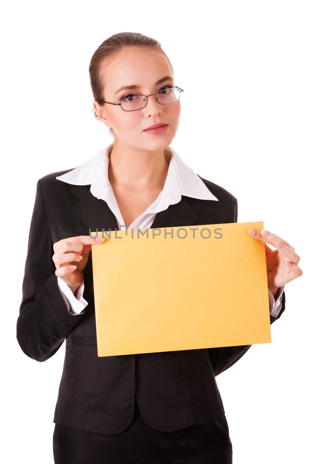 Serious young woman in business suit with yellow paper isolated on white background