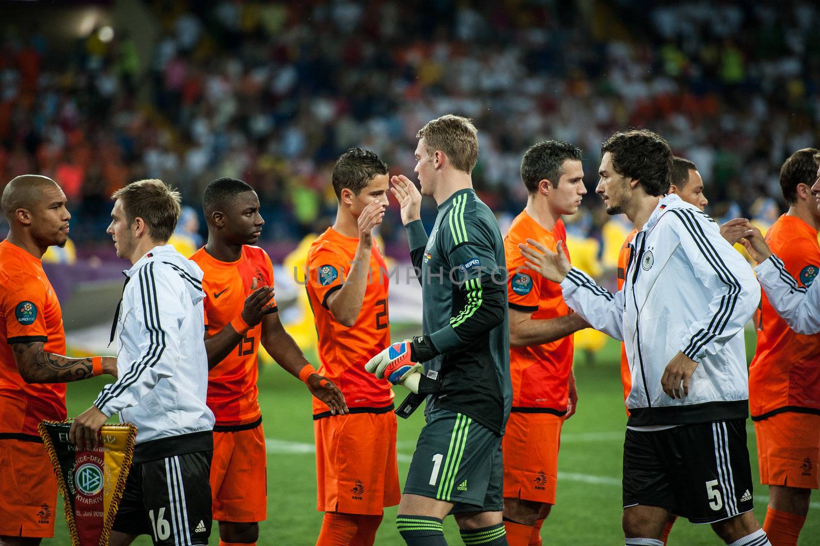 Netherlands vs Denmark in action during football match in European soccer league by shivanetua