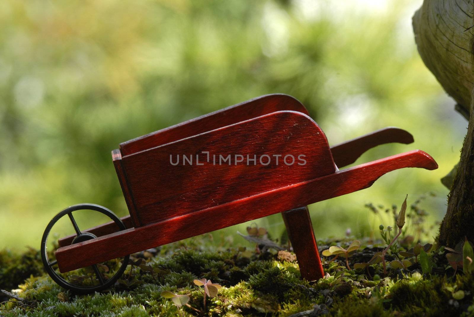 wooden empty wheelbarrow in the field