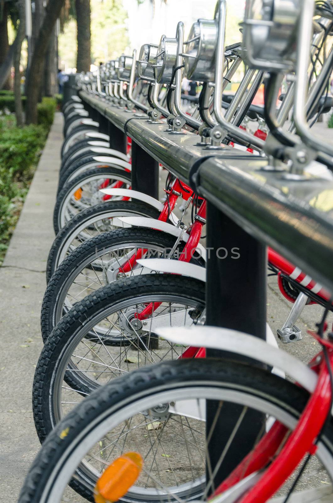 A row of red bicycles for public use in Mexico City