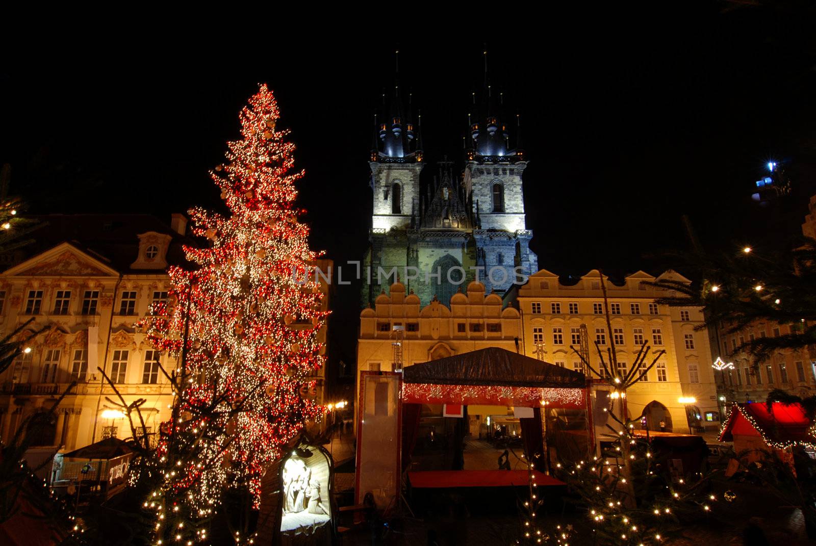 Old Town Square in Prague with Tyn Cathedral during the Christmas celebrations at night