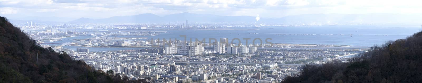 Panorama view of Osaka bay from the surrounding mountains