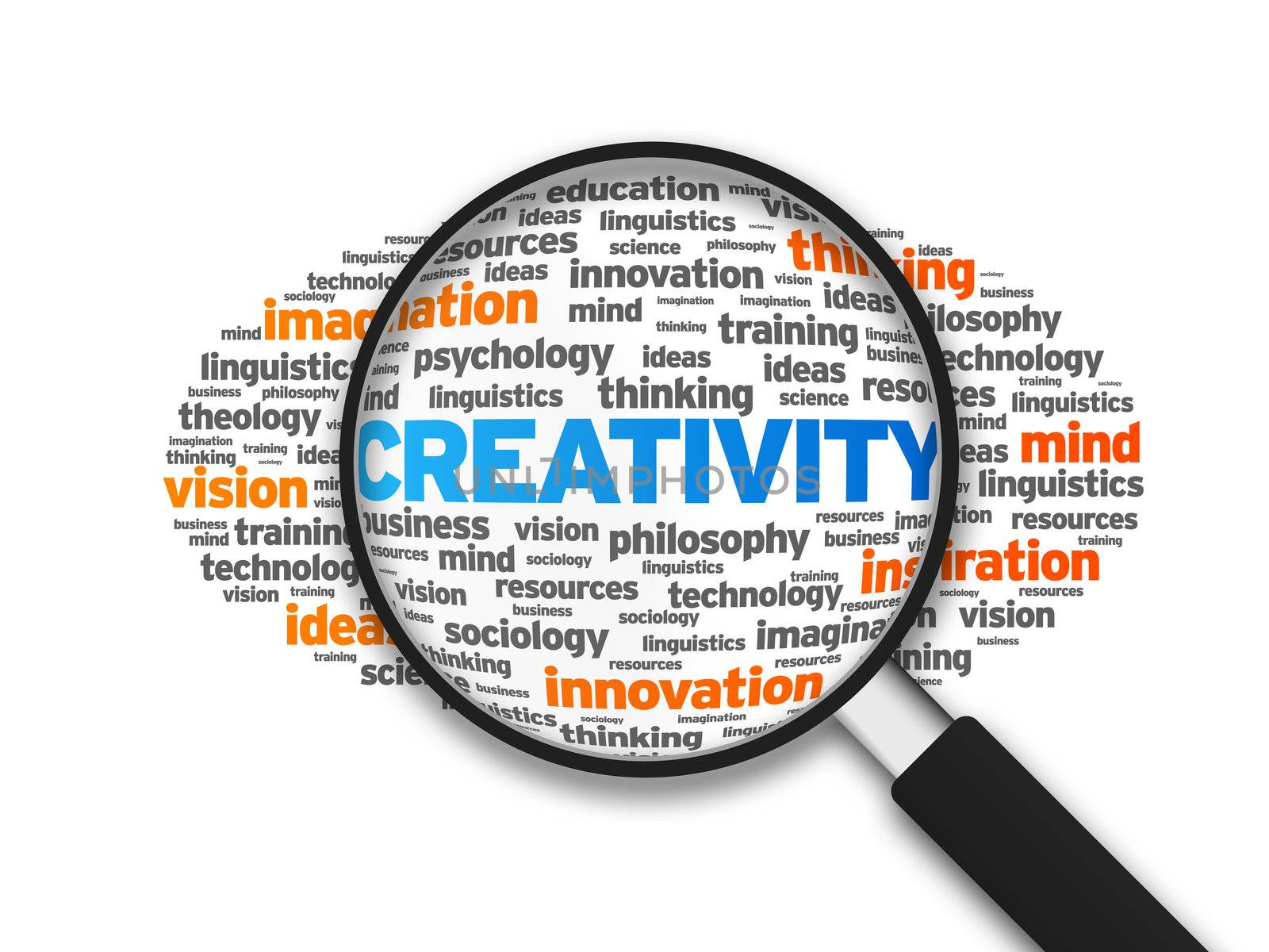 Magnified illustration with the word Creativity on white background.