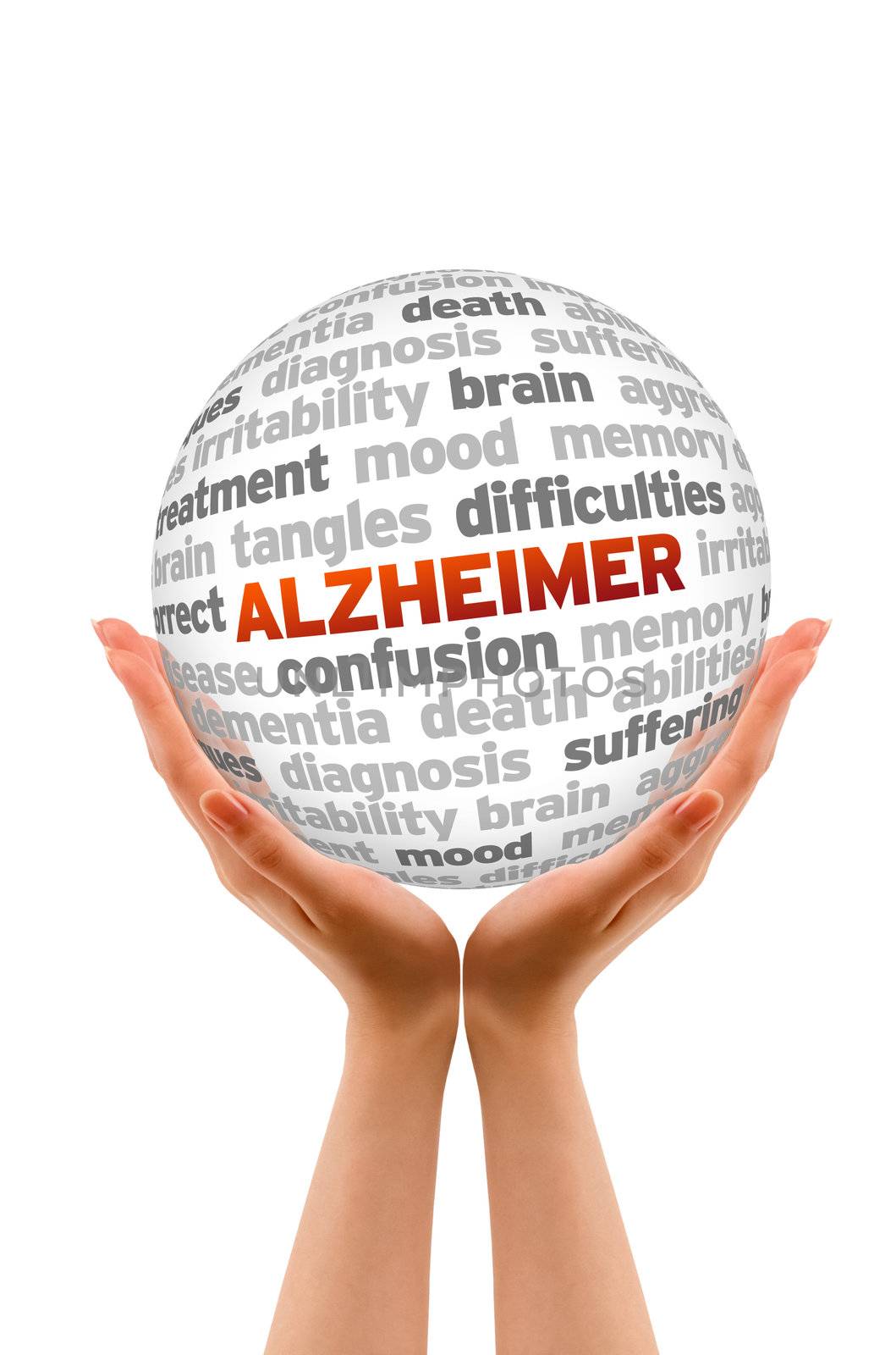 Hands holding a Alzheimer Word Sphere sign on white background.