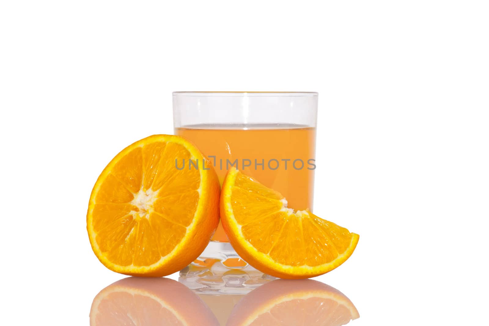 Fresh orange juice with orange slices isolated on white background