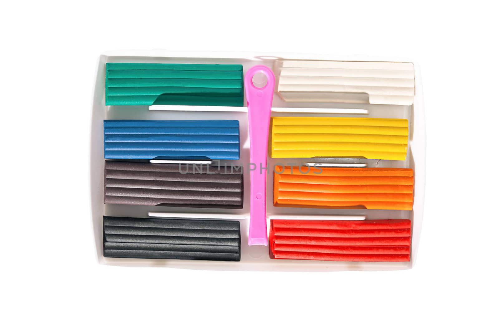 Packing a colorful children's modeling clay on a white background.