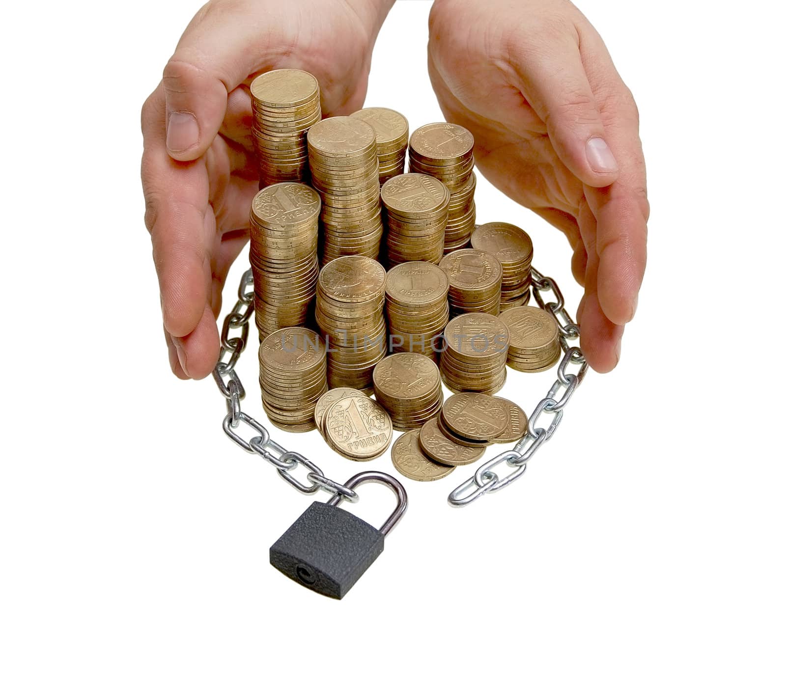 It is a lot of coins piled and tied with a chain,
isolated on a white background.