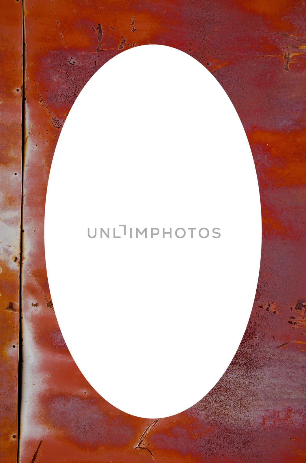 Isolated white oval place for text photograph image in center of frame. Rusty red painted wall made of tin. Neglected architectural bacground.