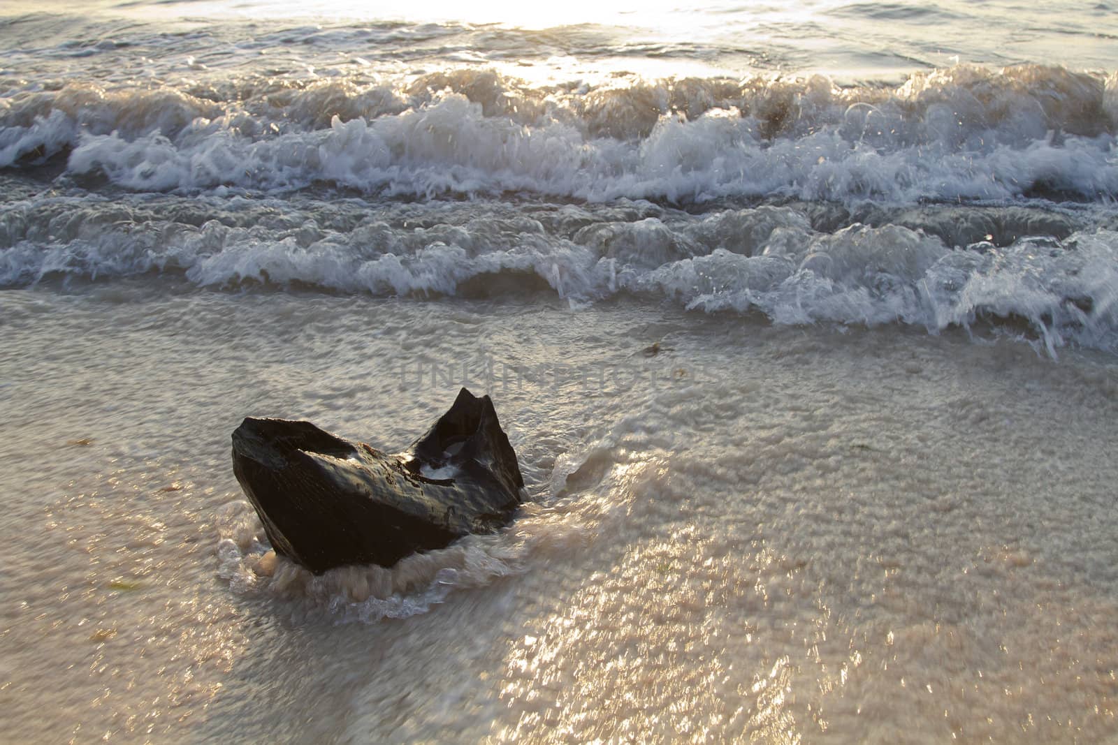 piece of wood sticking out of the sand about to be hit by waves