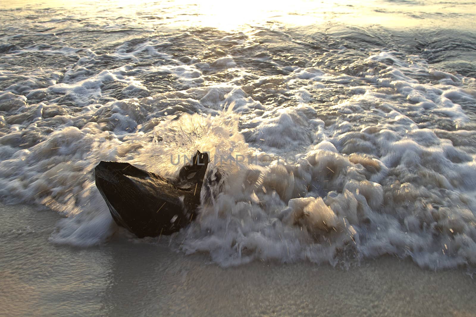 piece of wood sticking out of the sand being hit by waves
