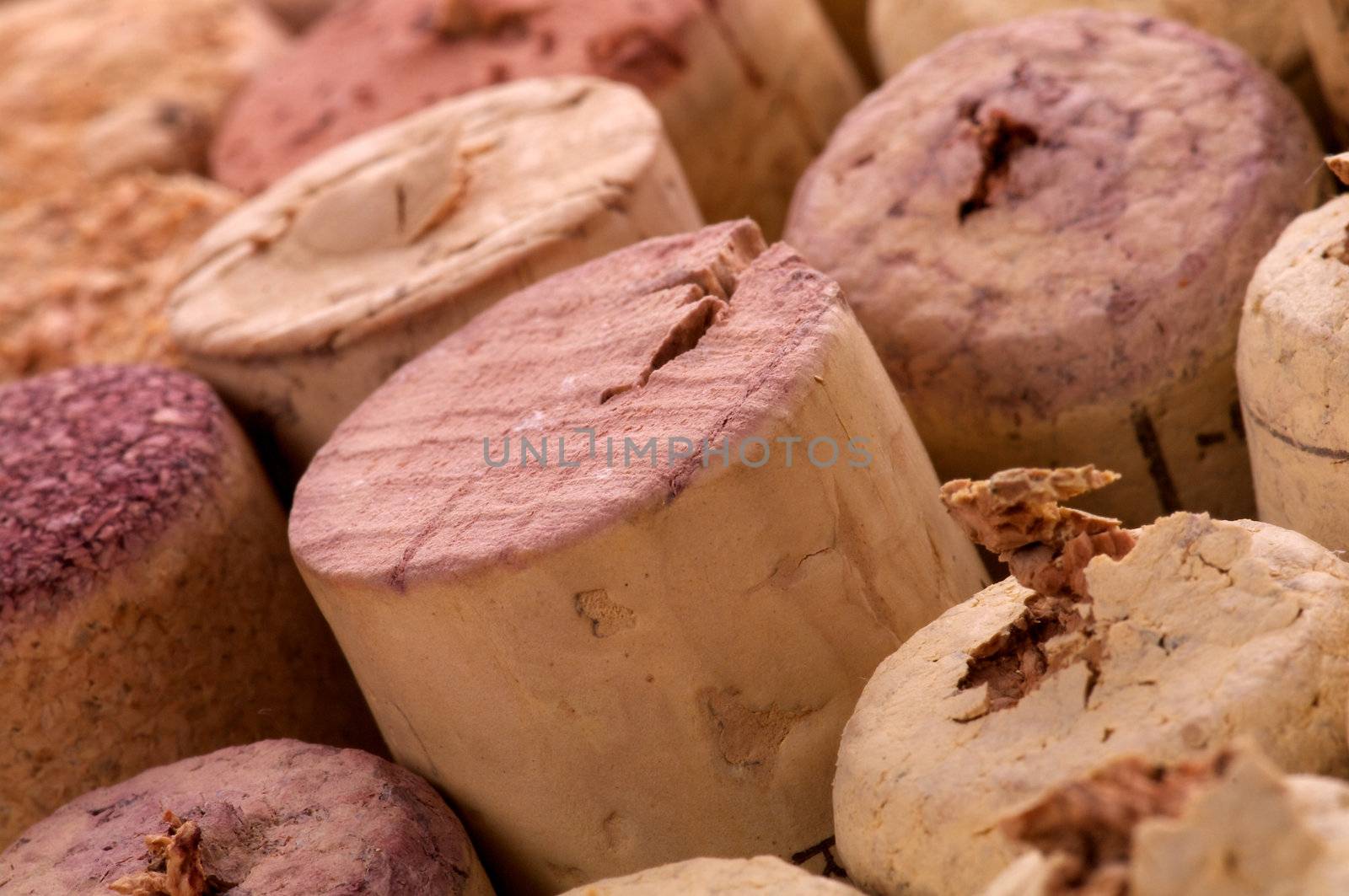 Arrangement of Various Used Wine Corks close up as background