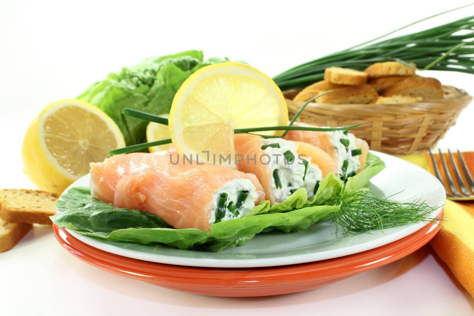 Salmon rolls with cream cheese and chives