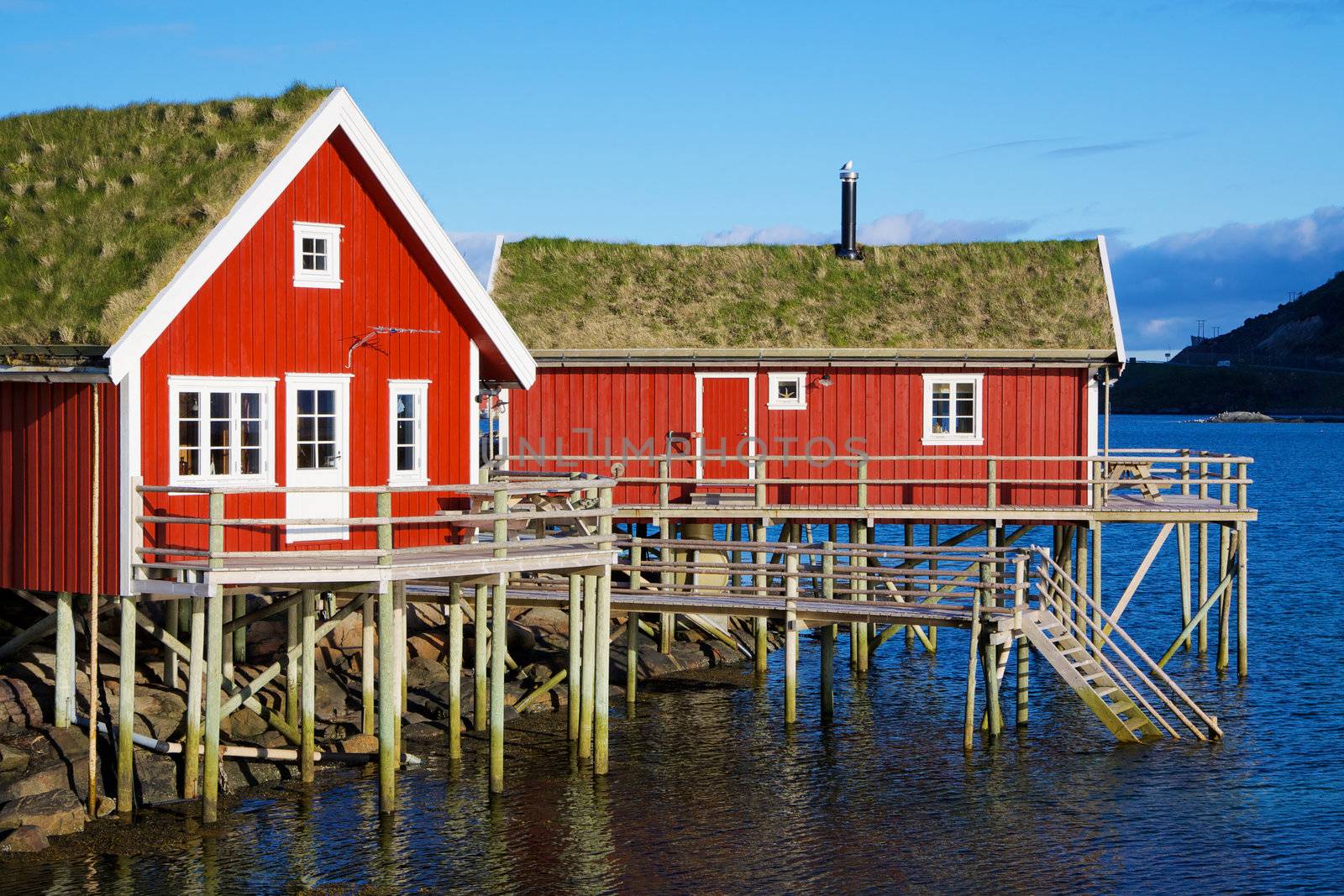 Typical red rorbu hut with sod roof in town of Reine on Lofoten islands in Norway