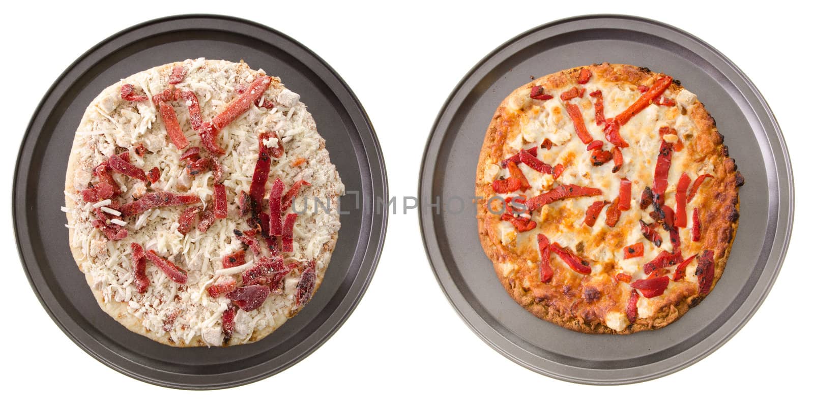 A comparison of two vegetarian pizzas, cooked and uncooked.