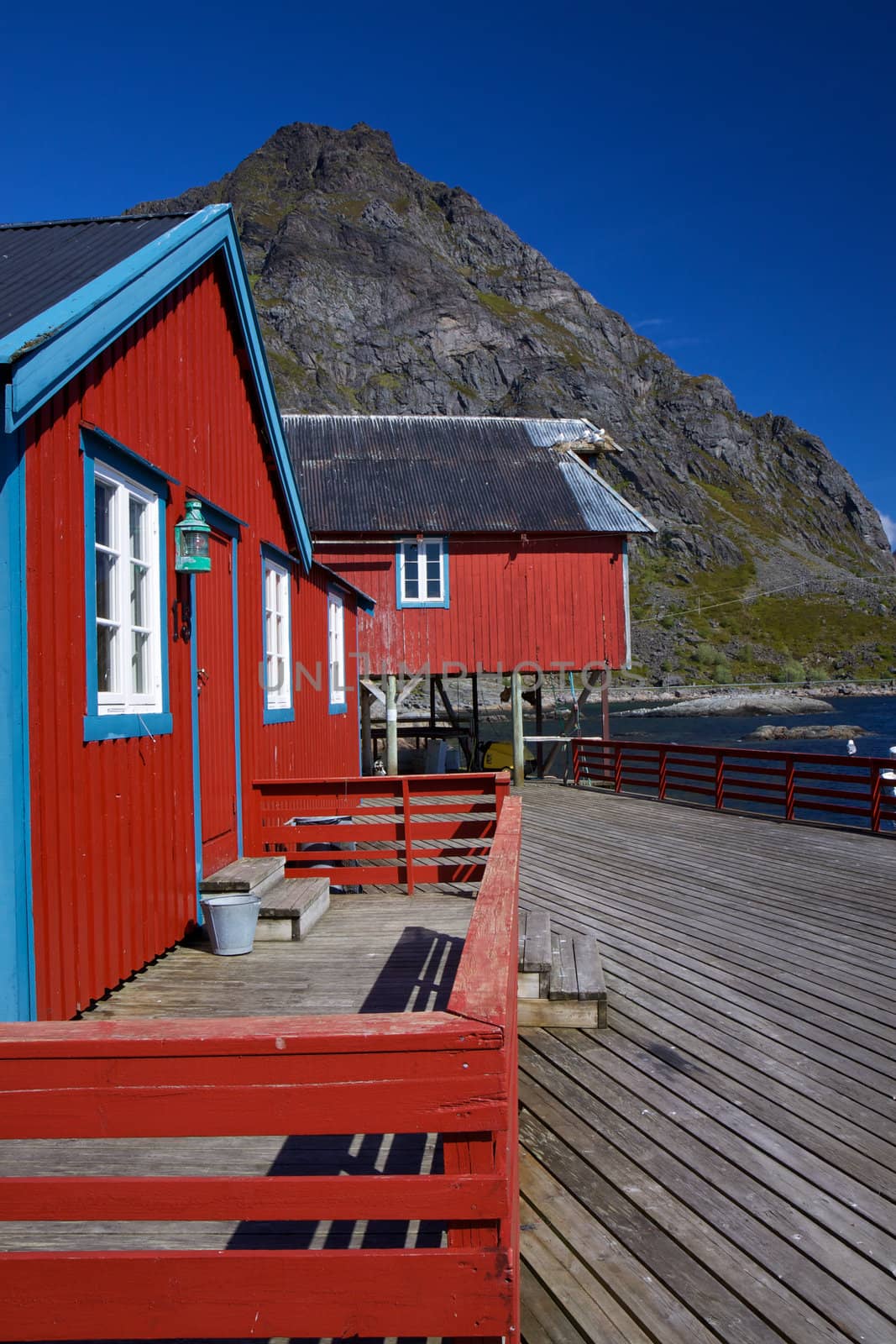 Typical red rorbu fishing huts on Lofoten islands in Norway